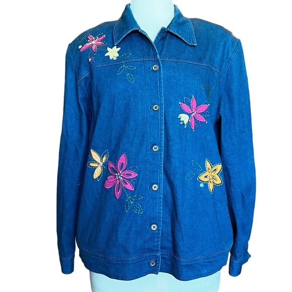 Alfred Dunner Jackets & Blazers - Alfred Dunner Women's 14 Denim Jean Shirt Jacket Shacket Embroidered Floral L